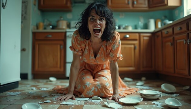 Furious woman yells on kitchen floor amidst shattered plates. Extreme anger, frustration explode in domestic chaos. Stressful homemaker experiences destructive emotional outburst. Shattered crockery