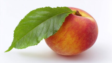peach. Ripe peach with fresh leaf on white background, showcasing natural beauty and simplicity. gardening catalogs, home-decor guides, designed for home decor and floral branding, celebrates nature.
