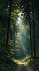 Obraz premium High quality photo of Painterly Forest Path with Radiant Sunbeams