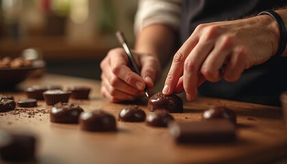 Artisan chocolatier decorates pralines meticulously. Hands carefully place toppings, craft fine confectionery. Detail oriented food prep, sweet treat making.