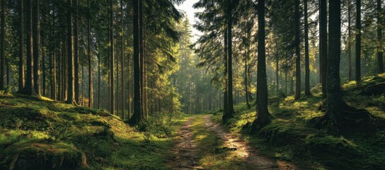 Obraz premium High quality photo of Wide Angle View of a Sunlit Forest Trail