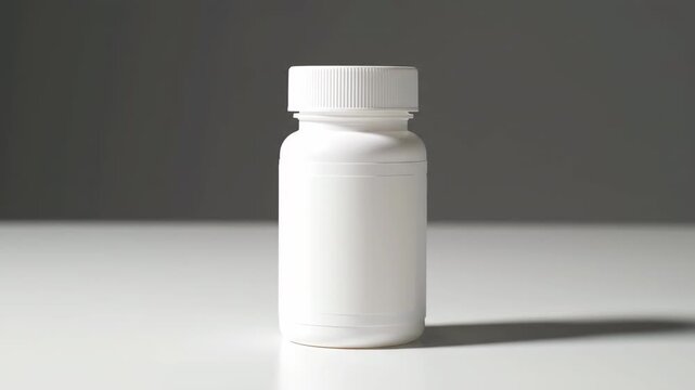 Studio shot of white pill bottle. Features ribbed lid, white surface, soft lighting, and gray background. Good for medical, health and pharmaceutical concepts.