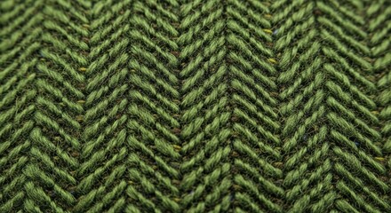 Close-up of a tightly woven textile exhibiting a classic herringbone pattern. Predominantly green with flecks of other colors, the fabric appears textured and inviting. 