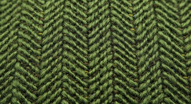 Close-up of a tightly woven textile exhibiting a classic herringbone pattern. Predominantly green with flecks of other colors, the fabric appears textured and inviting. 