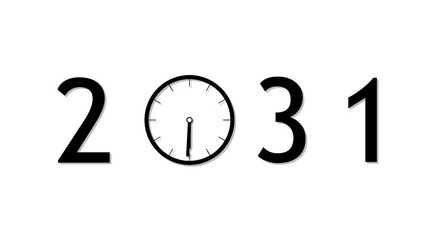 abstract black 2031 with clock symbol in white background. Digital clock icon concept future calendar design video.