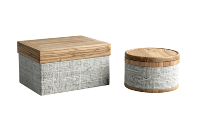 Two storage boxes, one square, one circular. Both are made of light grey woven fabric and wood. The containers sit on a black background