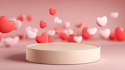 Elegant 3D rendering of a round podium with floating hearts in pink and red, creating a romantic atmosphere ideal for Valentine&rsquo;s Day, weddings, product display or love-themed event decoration.
