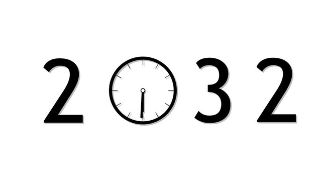 abstract black 2032 with clock symbol in white background. Digital clock icon concept future calendar design video.