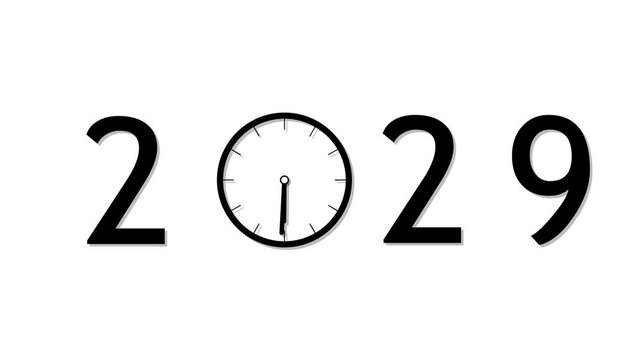 abstract black 2029 with clock symbol in white background. Digital clock icon concept future calendar design video.