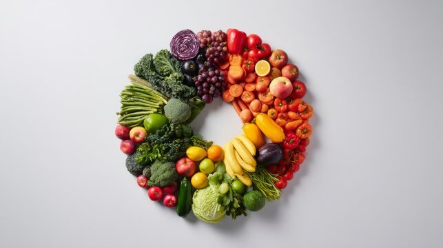 grocery. Colorful assortment of fresh fruits and vegetables arranged in a circular overhead composition. menu design, packaging mockups, designed for culinary blogs and recipe cards for restaurants.
