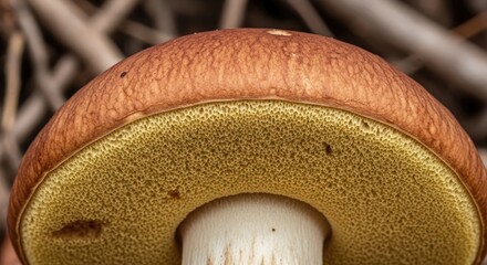 Close-up view of a mushroom underside, showcasing its pores, stem, and textured cap. Colors include browns, yellows, and white, set against a blurred background of dry twigs and forest floor