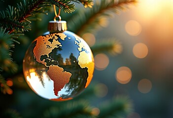 A Christmas tree ball in the shape of a rotating globe of the Earth, on a spruce branch. Bokeh, space for text. Postcard