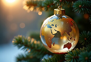 A Christmas tree ball in the shape of a rotating globe of the Earth, on a spruce branch. Bokeh, space for text. Postcard