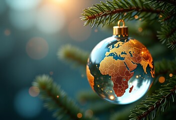 A Christmas tree ball in the shape of a rotating globe of the Earth, on a spruce branch. Bokeh, space for text. Postcard