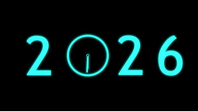 abstract cyan 2026 with clock symbol in black background. Digital clock icon concept future calendar design video.
