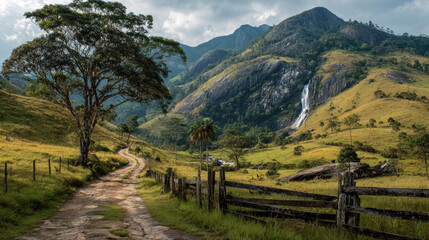 Scenic mountain path with a distant waterfall view, beautiful landscape