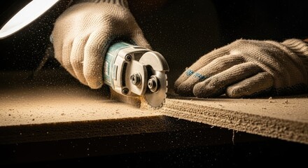 Close-up of gloved hands using power tool to cut wood, sawdust flying