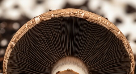 Fototapeta premium An extreme close-up view focusing on the underside of a large, brown mushroom cap, revealing detailed gills and a textured surface. The background is blurred