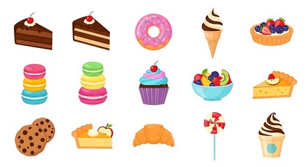 A vibrant array of sweet treats including cakes, cookies, donuts, pastries, and ice cream cones. Various fruit toppings and colorful accents are included in the presentation