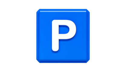 A 3D rendered, rectangular, blue sign featuring a white "P" indicating a parking area, set against a solid black background