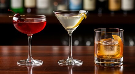 A Trio of Elegance: A collection of exquisitely crafted cocktails, each showcasing a unique blend of flavors and artistry, poised for an evening of sophisticated indulgence.