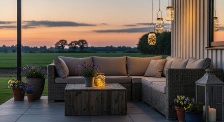 Charming outdoor patio evening scene with cozy rattan furniture string lights and warm sunset sky
