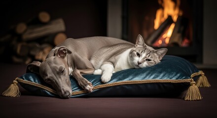 Comfortable dog and cat sleeping together on a plush pillow by a warm fireplace on a cozy winter