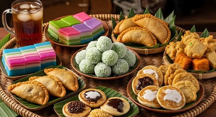 A vibrant assortment of diverse, colorful, and savory treats with iced tea in a rustic presentation