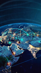 Digital visualization of global interconnected communication network at night.