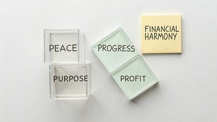 Message of peace, purpose, progress, profit, and financial harmony on clear blocks and notes on a simple background