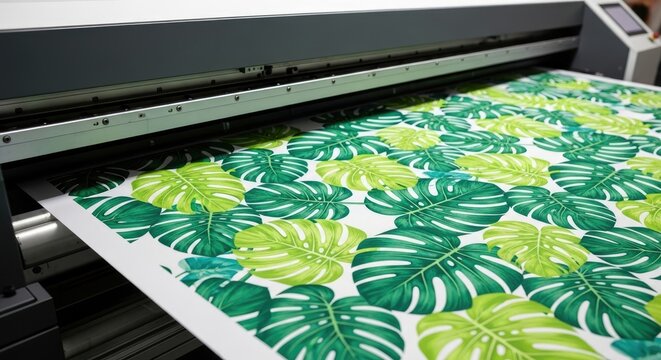 Close-up of a wide format printer creating vibrant monstera leaf textile pattern digitally