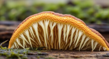 Detailed close-up of a vibrant bracket fungus growing on a moss-covered log. The underside reveals fine, tooth-like structures. The top is a rich brown/orange hue