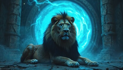 Obraz premium Lion rests near bright blue portal, glowing with magic energy. Ancient stone pillars frame the mystical gateway. Creature stares ahead, awaiting its next quest.
