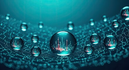 A futuristic, digitally rendered image showcasing a network of glowing lines with spherical droplets reflecting a cityscape. A dark blue, cool color palette evokes a sense of technology and complexity