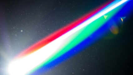 Bright rgb laser beam light streak with lens flare and stars in dark space