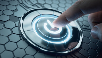 Finger Pressing Futuristic Digital Power Button on Hexagonal Interface, Symbolizing Advanced Technology, AI Control, and System Activation