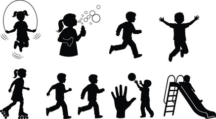 Children playing outdoors in various activities silhouette set, including running, skipping rope, sliding, blowing bubbles, skating, and throwing ball