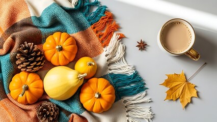 Cozy autumn flat lay with miniature pumpkins, pinecones, coffee, and maple leaf