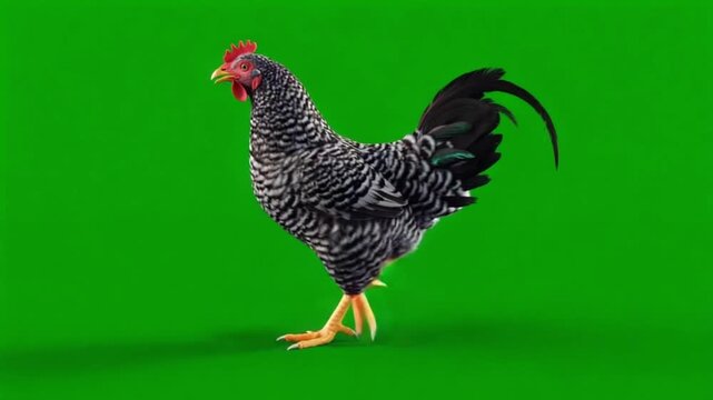 A black and white striped rooster walking across a green screen in a studio environment setting chicken green screen video