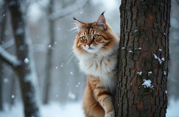 Ginger Maine Coon cat peeks from behind snowy tree trunk. Fluffy feline with striped fur sits on a branch in a winter forest. Soft snowflakes fall around wild animal.