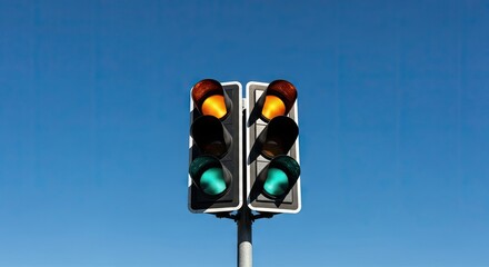 Dual traffic lights showing amber and green signals against a clear vibrant blue sky