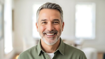 Portrait of happy middle aged man with salt and pepper hair and beard smiling