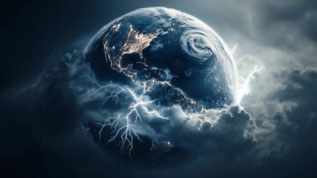 Celestial Storm: Earth enveloped in a tumultuous atmosphere, framed by dramatic clouds and punctuated by a radiant lightning display, reflecting the raw power of nature.