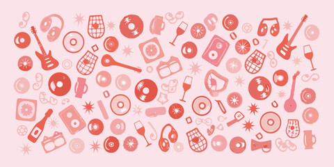 A vibrant collection of musical instruments records and related icons in pink © Milton