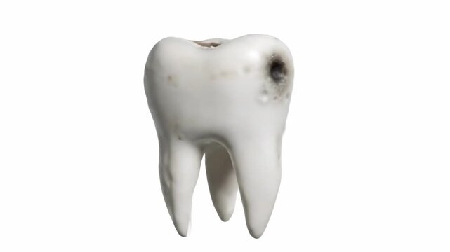 Rotating decayed tooth model with large cavities isolated on white background