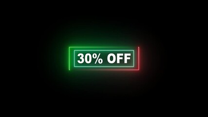 Discount 30% off percent banner animation illustration isolated on black background.30% percent off neon sign banner.4 k motion video..