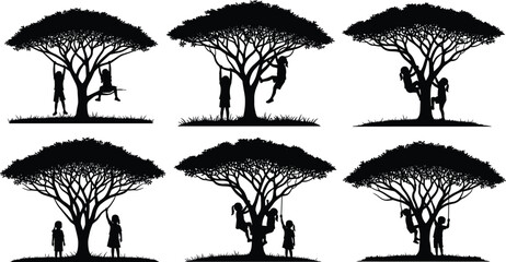 Children silhouettes playing under trees, kids climbing branches, outdoor childhood fun, nature activity illustration, playful group scene, adventurous tree play