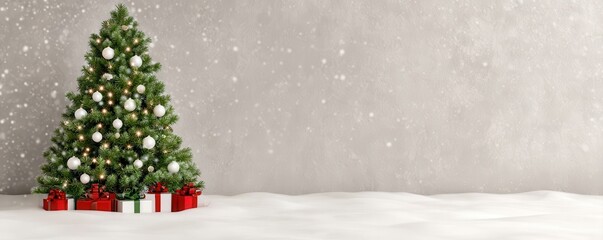 The Christmas tree is decorated with luminous frost baubles, swirling golden lights, and gentle snow dust sparkles filling the winter night