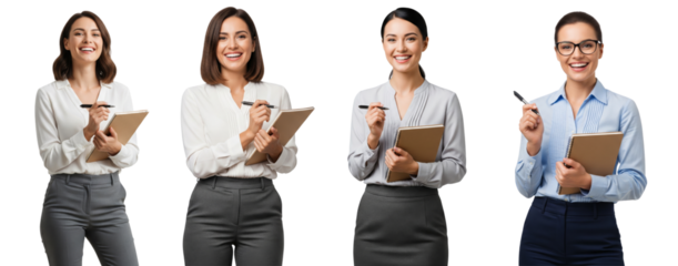 Diverse of smiling business women holding notebook and pen isolated on white background