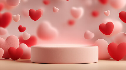Elegant 3D rendering of a round podium with floating hearts in pink and red, creating a romantic atmosphere ideal for Valentine&rsquo;s Day, weddings, product display or love-themed event decoration.